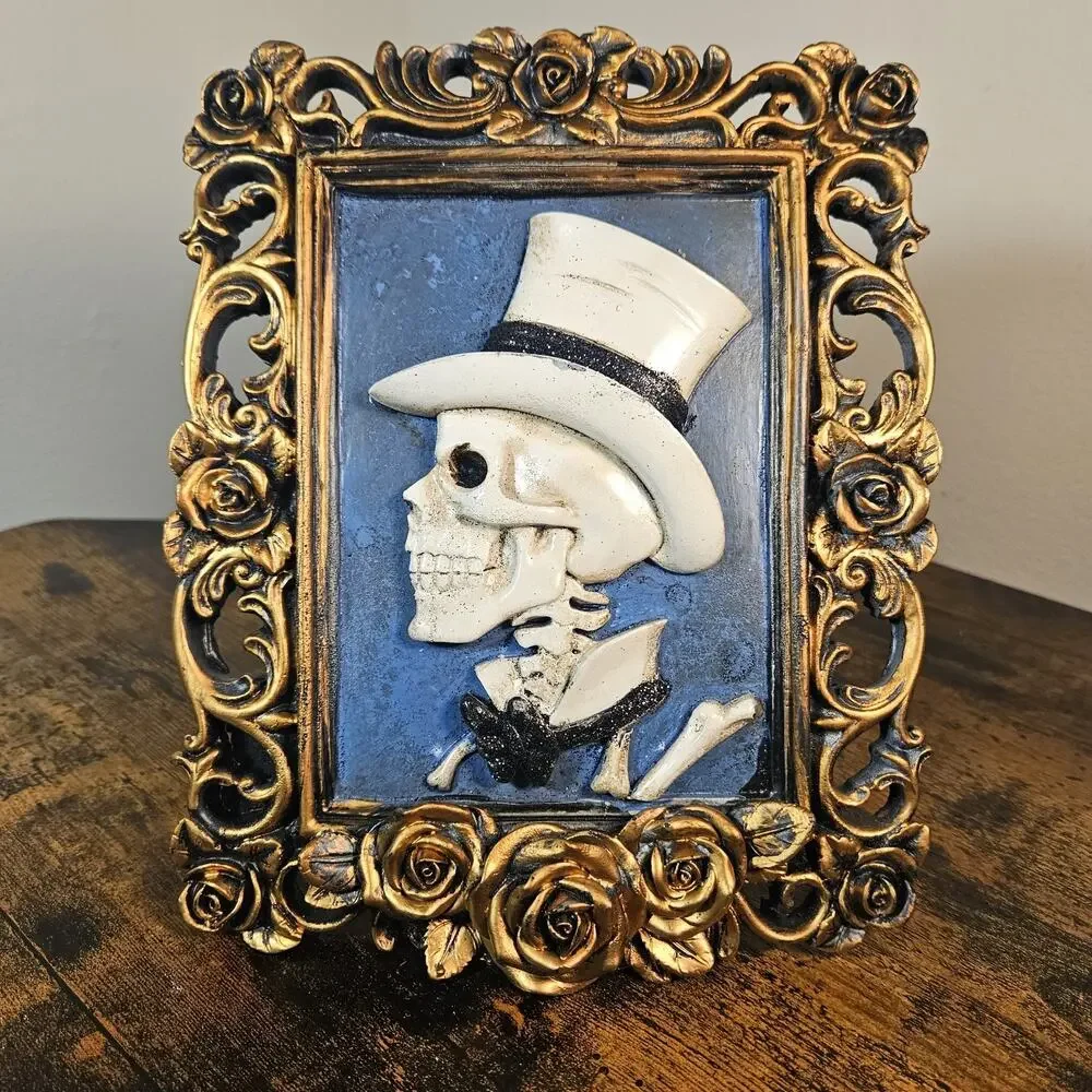 Gothic Victorian Skeleton Top Hat Picture Frame Halloween Decor Gold Ornate 3D